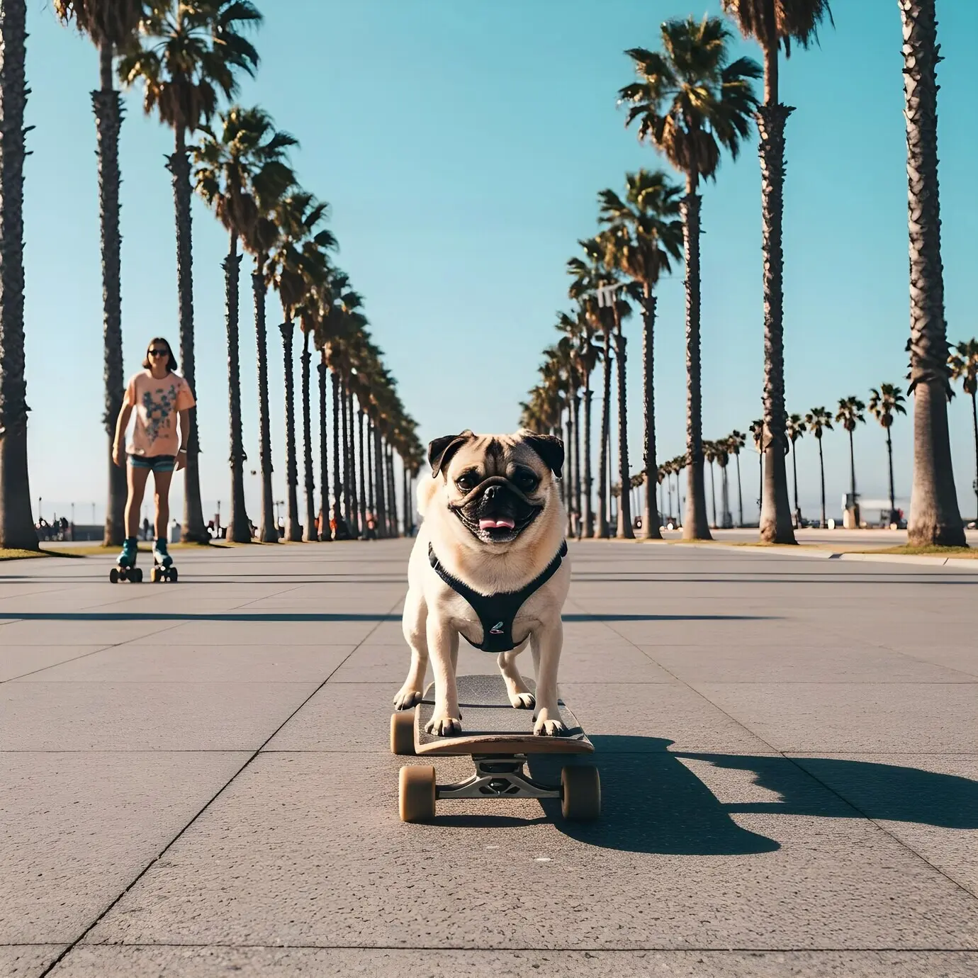 Собака породы мопс катается на скейтборде на пляже.